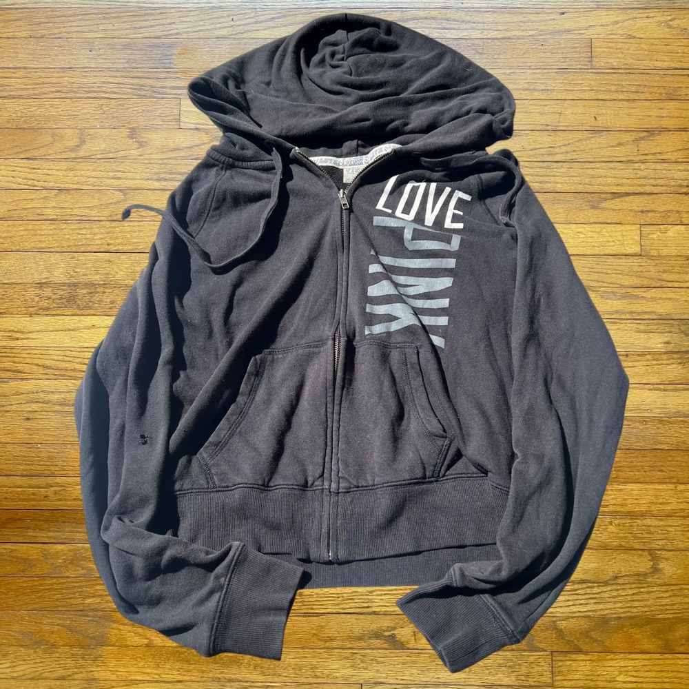 Pink Victoria's Secret Full Zip Hoodie Black Love Pink Graphic Sweatshirt Medium